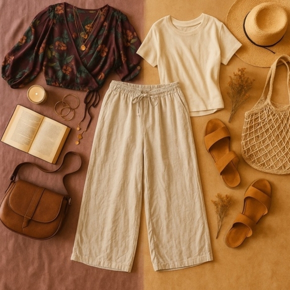 Youga Wide Leg Ankle Pants Cream Beach Casual Classic Boho Linen Cotton XL New - Picture 16 of 16